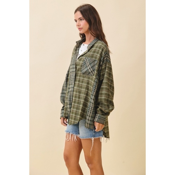 Olive Green Kambrie Button Down Plaid Patchwork Flannel Casual Shirt - Picture 7 of 9